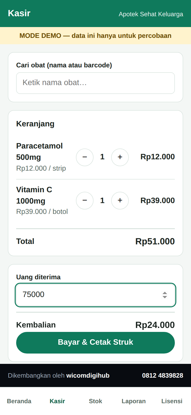 Layar Kasir Tokiva Apotek: keranjang belanja dan hitung kembalian otomatis