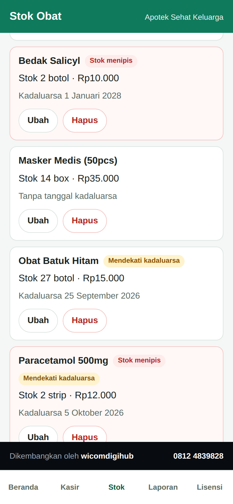 Layar Stok Obat Tokiva Apotek: daftar obat dengan lencana stok menipis dan mendekati kedaluwarsa